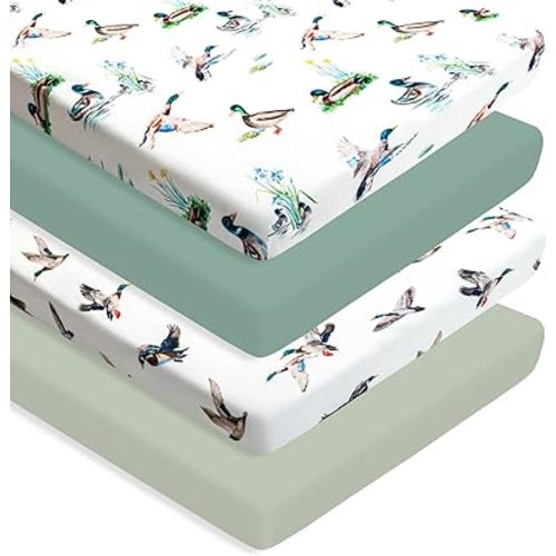 4 Pack Mallard Duck Baby Pack N Play Sheets Neutral Unisex Breathable Fitted Nursery Sheets for Baby Girl or Boys (Pack N Play Sheet)