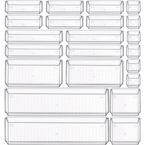 Criusia 22 Pcs Drawer Organizer Bins, Acrylic Non Slip Kitchen Drawer Organizers Storage Tray Divider, Multifunctional Storage for Cosmetics, Bathroom, Tools, Kitchen and Office