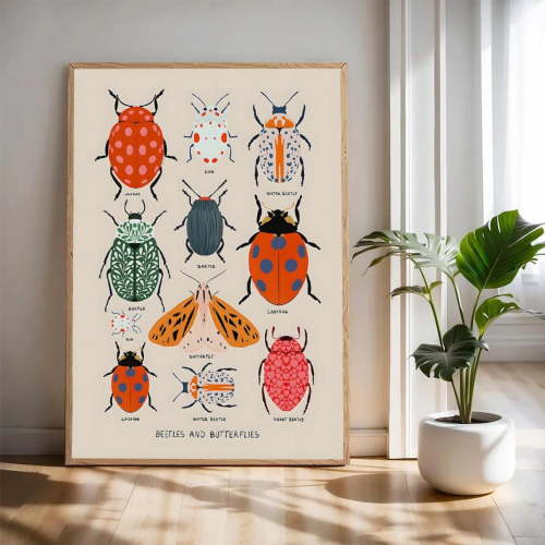 Colorful Insect Wall Art Poster Modern Beetle & Butterfly Illustration Home Decor, 16x24 UNFRAMED