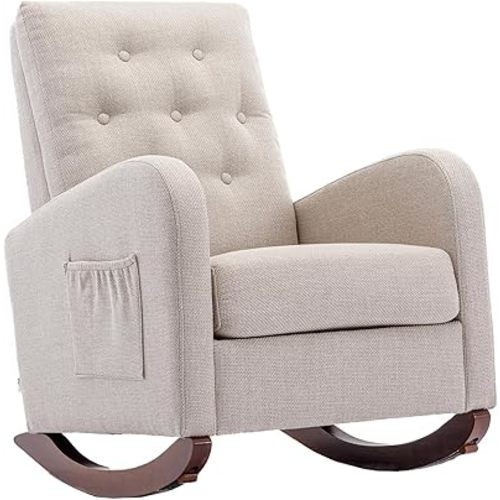 Dolonm Rocking Chair Mid-Century Modern Nursery Rocking Armchair Upholstered Tall Back Accent Glider Rocker for Living Room (Oyster Grey - Polyester, Button Tufted)