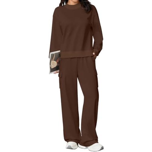 Aleumdr Women 2 Piece Outfits Mock Neck Pullover Tops Wide Leg Sweatpants with Cargo Pockets Airport Travel Outfits 2025