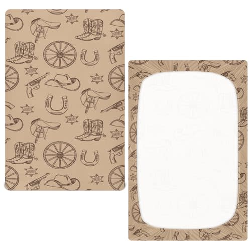 CUPADA Vintage Western Contry Theme Fitted Crib Sheet, Cowboy Hat Boots Texas Stars Crib Sheets Ultra Soft Breathable Playard Standard Crib Toddler Mattress Sheets 28x52 inches