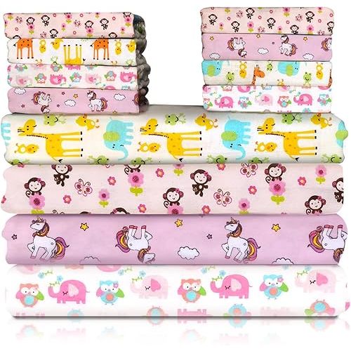 34 Pack Baby Receiving Blanket Set: 4 Flannel Cotton Blankets (30" x 30") & 30 Infant Washcloths - Mixed Patterns