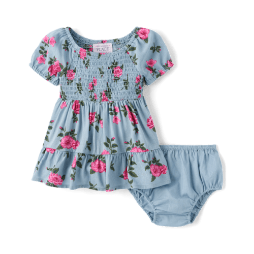 Baby Girls Floral Smocked Ruffle Dress - Blue