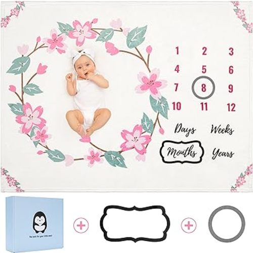 Baby Monthly Milestone Blanket Floral, First 12 Months Baby Milestone Blanket for Baby Girl, for Newborn Girls, Newborn Essentials Photo Blanket for Age and Growth 40x50