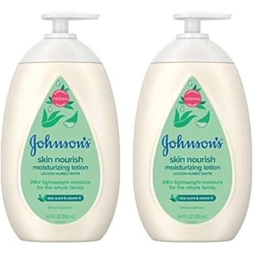 Johnson's Baby Skin Nourish Moisturizing Baby Lotion with Aloe Vera Scent & Vitamin E, Gentle & Lightweight Body Lotion for The Whole Family, Hypoallergenic, Dye-Free, 16.9 fl. oz (Pack of 2)