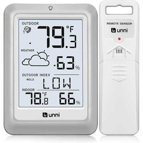 Indoor Outdoor Thermometer Hygrometer Wireless Weather Station, Temperature Humidity Monitor Battery Powered Inside Outside Thermometers with 330ft Range Remote Sensor and Backlight Display