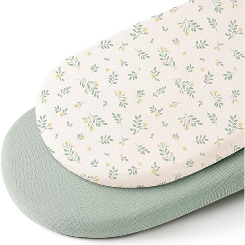 Konssy 2 Pack Muslin Bassinet Sheets for Baby Boy, 100% Cotton Soft Breathable Bassinet Mattress Sheets Fit for Hourglass Oval Cradle Rectangle Mattress (Leafy,Green)