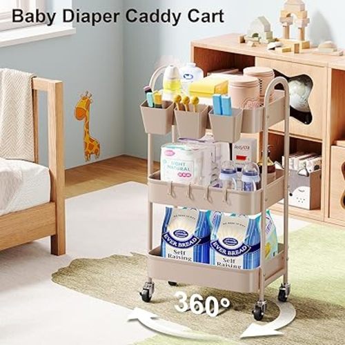 3 Tier Khaki Metal Utility Rolling Cart, Storage Cart with Handle and Lockable Wheels, Multifunctional Organizer Trolley with Mesh Storage Baskets for Kitchen, Office, Living Room, Laundry, Garage
