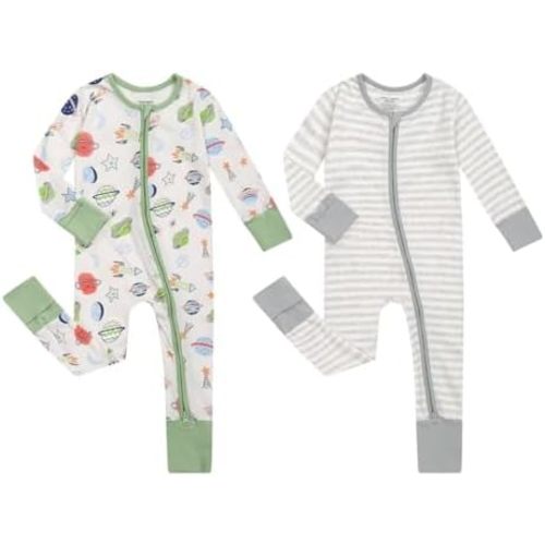 Teach Leanbh Unisex Baby 2 Pack Cotton Pajamas with Mittens and Feet Cuffs 2 Way Zipper Long Sleeve Romper Sleep and Play