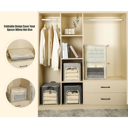 3 Openings Clothes Storage Bins with Metal Frame, Foldable Storage Bin for Clothes, Clothing Storage Bins with Lid, Linen Storage Box With Clear Window& Zippers& Durable Handles.(3 Pcs,Beige,40L)