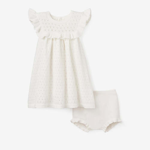 White Pointelle Flutter Sleeve Knit Baby Dress WHITE / 6M