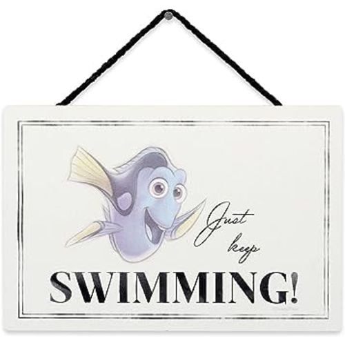 Open Road Brands Disney Finding Nemo Dory Quote Hanging Wood Wall Decor - Just Keep Swimming Sign for Home Decorating