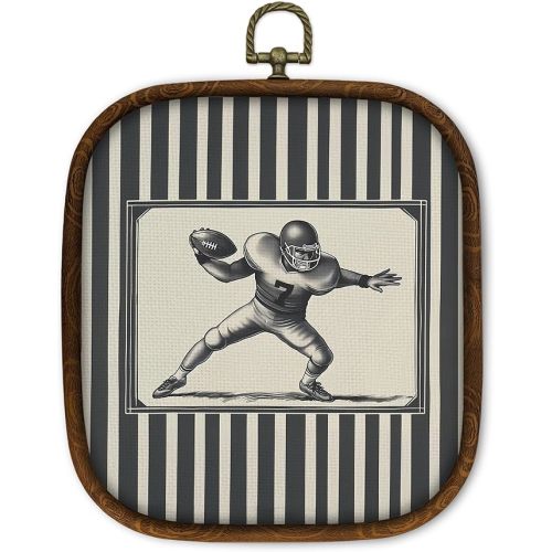 WULQYING Vintage Football Wall Art Decor, Boys Sports Framed Canvas Art Prints, Grey Striped Classic Football Player Wall Hanging Decor for Kids Nursery Room Home Bedroom Sport Room, 5.7x6.5 Inches