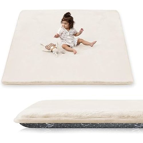 1.5" Thick Baby Play Mat for Floor, 50x50 Playpen Mat, Pro Soft Flannel Foam Mats Toddler Infant Kids Crawling for Nursery Rug Playroom Living Room Waterproof Easy Care Non-Slip (Beige)