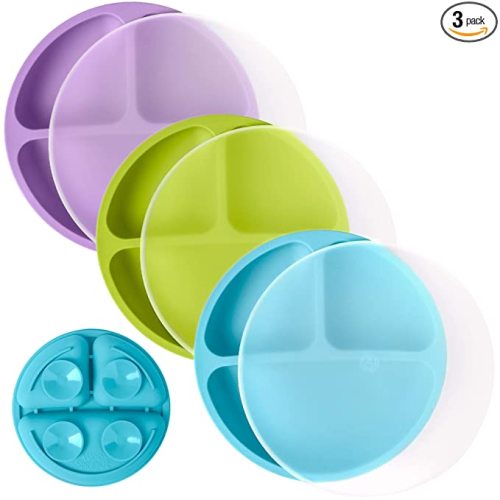 WeeSprout Suction Plates with Lids for Babies & Toddlers - 100% Silicone, Dinnerware Stays Put, Divided Design for Picky Eaters, Microwave & Dishwasher Friendly, 3 Pack