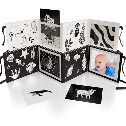 Soft Tummy Time Book w/ Stimulating Baby Safe Mirror - Fun Black and White Montessori Toy w/ Crinkle Filling & 20 High Contrast Designs - Perfect Newborn Toy For Safe and Early Infant Development