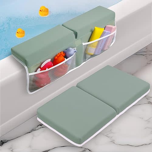 Baby Bath Kneeler and Elbow Rest Pad Set - Baby Bath Support for Knees and Elbows - Bath Kneeler Pad with Memory Foam and Bath Toys Organizer - Ideal Bath Kneeling Pad for Bathing Baby - Green