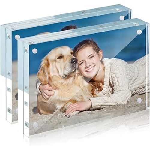 TWING 2 Pack Picture Frames Acrylic 4 x 6, Horizontal Magnet Double Sided 4x6 Picture Frame, 10+10MM Thick Clear Frameless Desktop Display Self Standing Magnetic Acrylic Block Photo Frame Gift Ideal