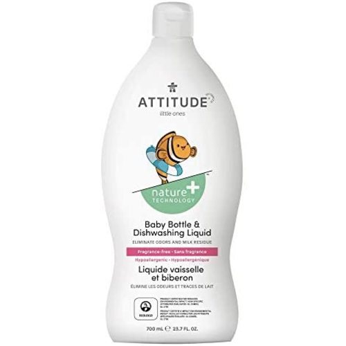 ATTITUDE Liquid Dish Soap for Baby Products, Tough on Milk Residue, Hypoallergenic Plant- and Mineral-Based Formula, Vegan and Cruelty-free Detergent, Unscented, 23.7 Fl Oz