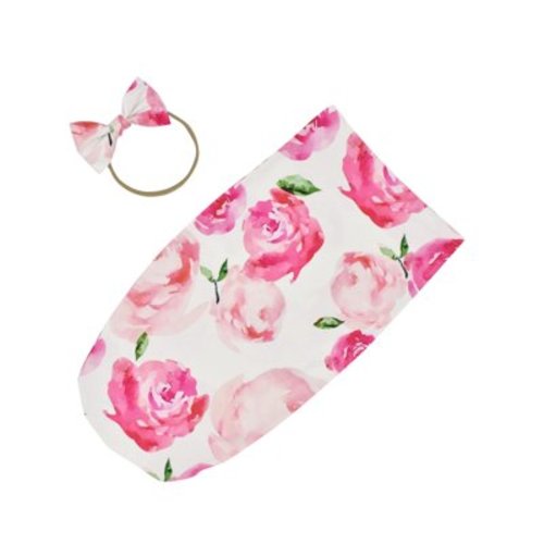 FFENYAN Newborn Floral Print Swaddle Blanket Set Soft Stretchy Baby Sleeping Bag with Bow Headband Cozy Sleep Time for 0-2 Years