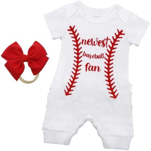Baby Girl Baseball Fan Outfit Short Sleeve Romper with Bow Headband Set Infant Cute Baseball Pink Clothes Newborn