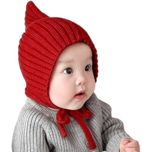 Toddler Knitted Earflap Beanie Hats Cute Red Crochet Skull Caps Lace-up Winter Warm Hat for 6-24M Infant