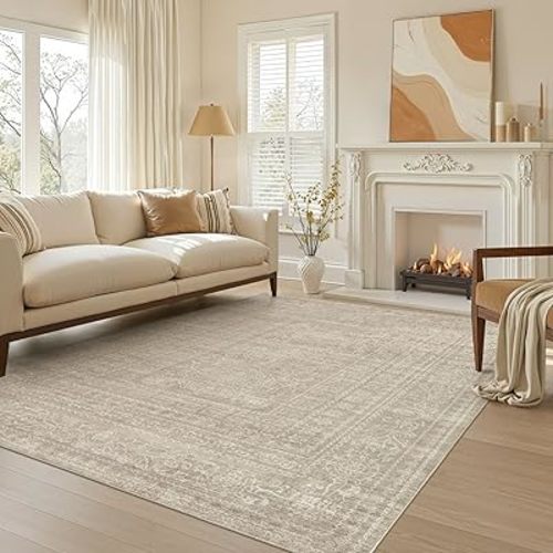 Nakagishi 5X8 Area Rugs Living Room: Washable Large Vintage Rug Neutral Non-Slip Soft Stain Resistant Indoor Carpet for Bedroom Nursery Dining Room Office Playroom - Brown