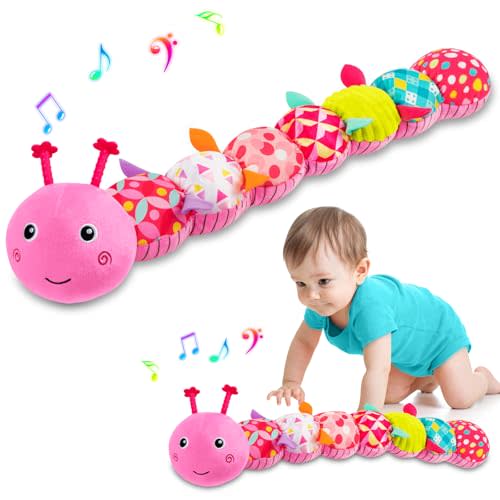Baby Toys Musical Caterpillar, Infant Stuffed Animal for 0-6 6-12 Months with Crinkle and Rattles, Tummy Time Sensory Toys Newborn Boys Girls Gifts 0 3 6 9 12 Months - Pink