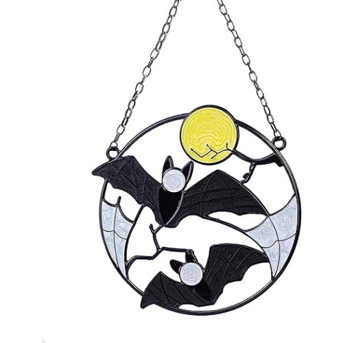 Stained Enamel Metal Bat Moon Hanging Halloween Suncatcher Window Panel Wall Art Ornaments Horror Gothic Home Outdoor Decor