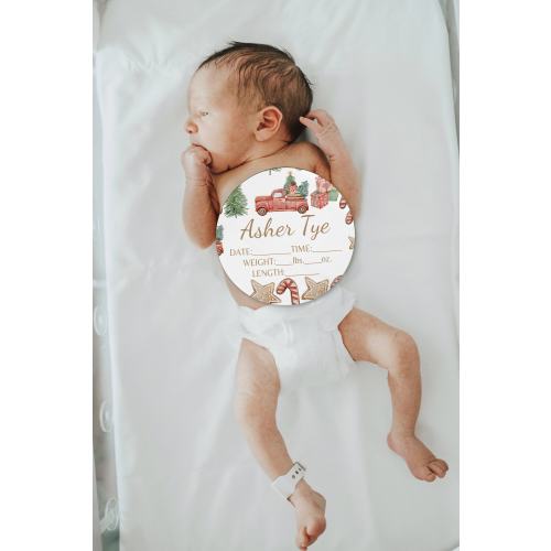 Christmas Baby Name Sign - Custom Birth Stat Sign Christmas Baby Name Announcement Sign Swaddle Hat Personalized Baby Shower Gift Set Round
