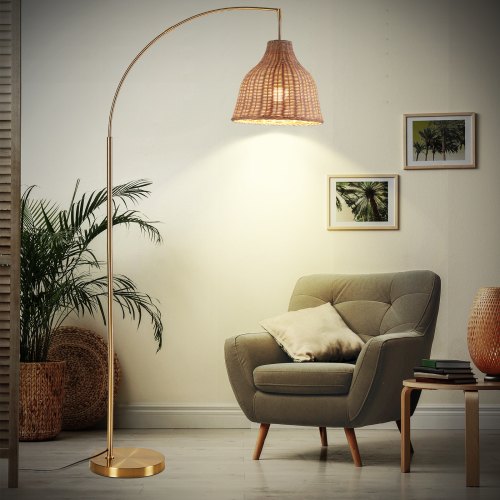 SUNMORY Floor Lamp for Living Room, Arched Floor Lamp Rattan Fabric Retro Boho Farmhouse Rustic Standing Lamp for Living Room Bedroom Office, Gold