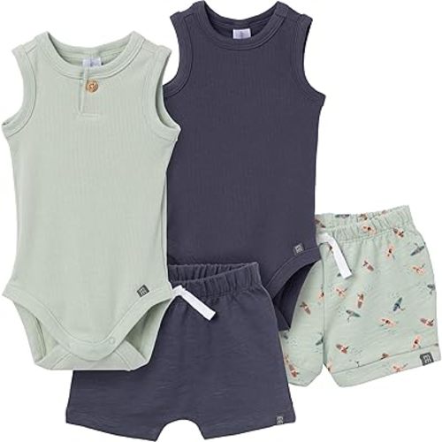 Modern Moments by Gerber Baby Boys' Ribbed 4-piece Sleevless Bodysuit & French Terry Short Set