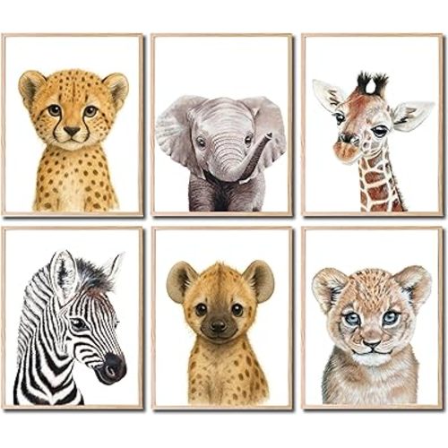 KIU DESIGNS Nursery Wall Art - Unframed Safari Nursery Decor - Set of 6 Animal Wall Decor Gift for Baby - Safari Portrait - 8"x10"