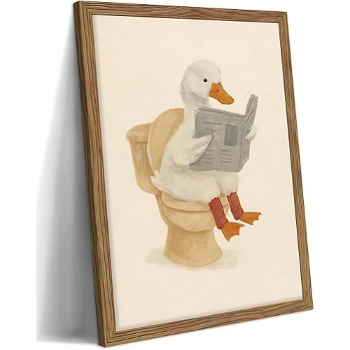 Framed Duck Bathroom Wall Art, Whimsical Duck Reading on Toilet, Funny Kids Bathroom Wall Decor, Vintage Farmhouse Toilet Decor, Cute Animal Canvas Print for kids Room 12x16 inch