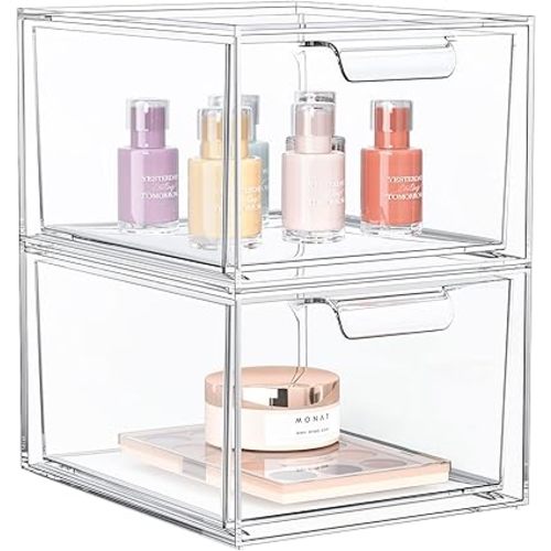 2 Pack Stackable Makeup Organizer and Storage, Acrylic Organizers,Clear Plastic Storage Drawer with Handles for Vanity, Undersink, Kitchen Cabinets, Pantry