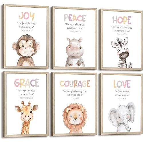 Nursery Animal Wall Art Decor Safari Bible Verse Poster Christian Nursery Canvas Wall Decor Baby Boy Room Picture Safari Animals Print Scripture Artwork for Kids Bedroom Playroom 8x10x6 Inch Framed