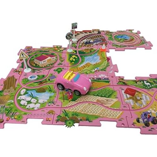 Perfect Life Ideas Theme Vehicle Puzzle Track Play Set - Battery Operated Toy Themed Style Vehicle Runs on Interchangeable Puzzle Tracks - Make up to 50 Track Combinations (Pink Sports Car)
