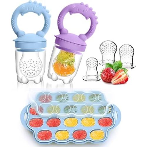 Silicone Baby Fruit Feeder & Breastmilk Popsicle Mold Freezer Tray, 2 Pack Baby Food Feeder with 6 Food Pacifiers to Introduce New Foods Silicone Teething Toys (Purple+Blue)