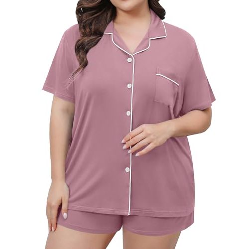 SWOMOG Women's Plus Size Pajamas Set Button Down Tops Short Sleeve Sleepwear Soft Pajama Shorts 2 Pcs Lounge Sets With Pocket