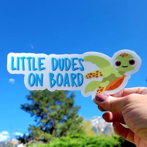Disney-Inspired "Little Dudes on Board" Car Decal, Sea Turtle Squirt Vinyl Sticker for Van's, Bumpers, and Family Vehicles, Baby Shower Gift