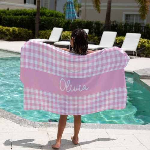 Gingham Beach Towel Name Bath Towel Personalized Kid Pool Towel Kid  Birthday Gift Boy Gingham Towel Girl Pink Beach Towel Baby Beach Towel
