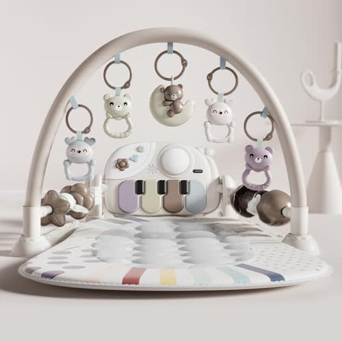 Jovow Baby Gym with Kick and Play Piano, Baby Play Mat Tummy Time Activity Gym Mat with 5 Infant Sensory, Music & Lights Boy or Girl for Newborn 0 to 3 6 9 12 Months