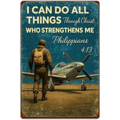 Inspirational Vintage Airplane Wall Decor – “I Can Do All Things Through Christ” Retro Tin Sign for Boys Room, Aviation Lovers, or Man Cave – 8x12 Inch Christian Metal Wall Art