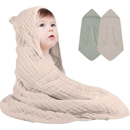 Premium 100% Hooded Cotton Muslin Bath Towels – 2-Pack, 6-Layer, Ultra Soft & Absorbent, for Sensitive Skin Babies & Postpartum Moms, Newborn Must-Have, 32"x32" Gift Set with Bonus Washcloth