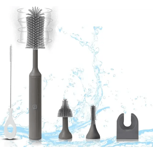 Electric Baby Bottle Brush Set with Rechargeable Electric Bottle Brush Cleaner and Replaceable Silicone Bottle Brushes and Straw Brush Cleaner, Waterproof Multi-Purpose Cleaning Brush(Grey)