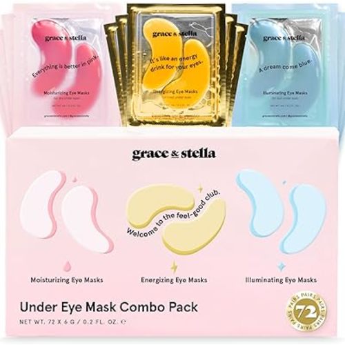 grace and stella Under Eye Mask-Reduce Dark Circles, Puffy Eyes, Undereye Bags, Wrinkles-Gel Under Eye Patches, Vegan Cruelty-Free Self Care (72 Pairs, Gold, Pink & Blue)
