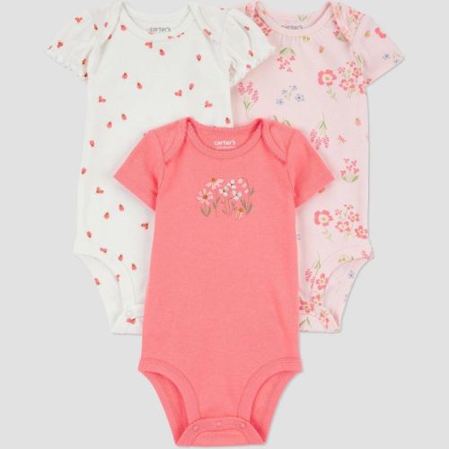 Carter's Just One You®️ Baby Girls' 3pk Bodysuit - Purple/white 18m: Cotton, Lightweight, Floral, Animal Pattern, Short Sleeve, Crew Neck