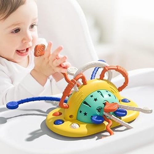 VoMii High Chair Toys with Suction Cup, Montessori Sensory Toys for 1 Year Old Fine Motor Skills,Food Grade Silicone Pull String Activity Gift for Baby Infant Toddlers