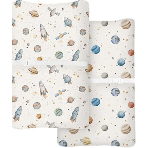 Changing Pad Cover for Baby Boys Girls 2 Pack, Fits Standard 32”×16” Changing Table Pads, Silky Breathable Stretch Knit, Machine Washable (Stellar Adventure)